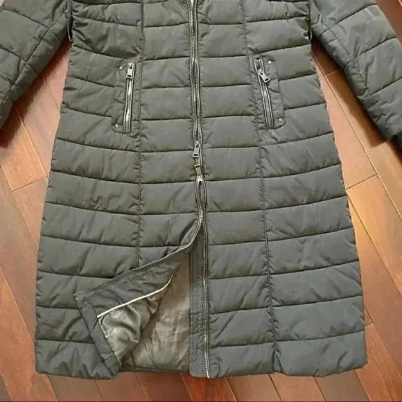 Bebe Long Quilted Winter Puffer Coat Faux Fur Trim Hood Black Size Large - Picture 13 of 16